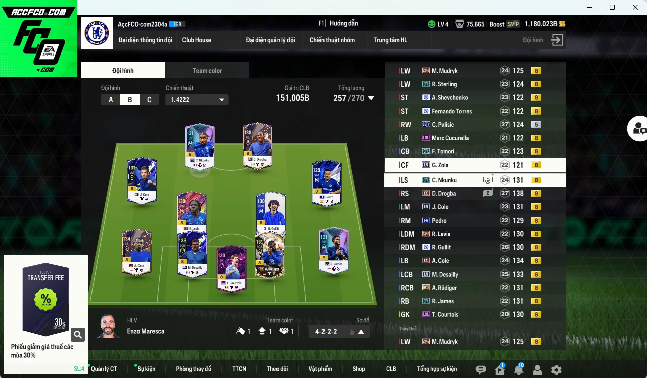 Chelsea 151.000b có Drogba CC, Gullit CFA, Rudiger BLD, Desailly LN, A. Cole CC, James SPL, Nkunku SPL, Mudryk 23NG, Pulisic TY25, J. Cole LN, Pedro FA, Tomori SPL, Lavia 23NG, Sterling SPL... dư 1100b. HLV Xịn